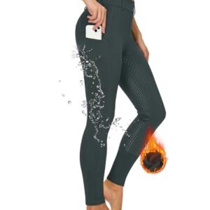 Havideto Winter Reitleggings Damen, Vollbesätze Thermo-Reithose gefüllt mit Fleece, Wasserdicht, Handytasche und Gürtelschlaufen, Grau, XL Größe