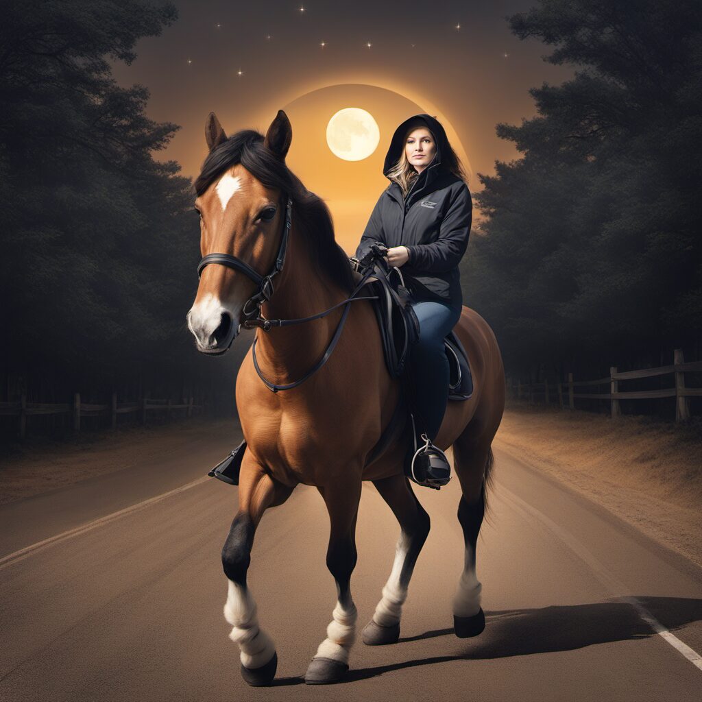 Ein Titelbild für einen Blogbeitrag über Reflektierende Geschenke für Pferdeliebhaber. Eine Frau auf einem Pferd, das durch ein dunkles Gelände reitet. Das Pferd trägt Reflektierende Bandagen an den Beinen und der Kopf des Pferdes ist mit einem Reflektoranhänger ausgestattet.