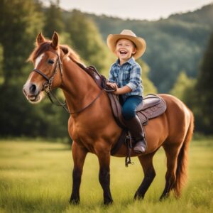 Ein lachendes Kind auf einem Pferd sitzt mit einer Reithose und einem passenden Sattel. Im Hintergrund weitere Reithosen und Zubehörteile.