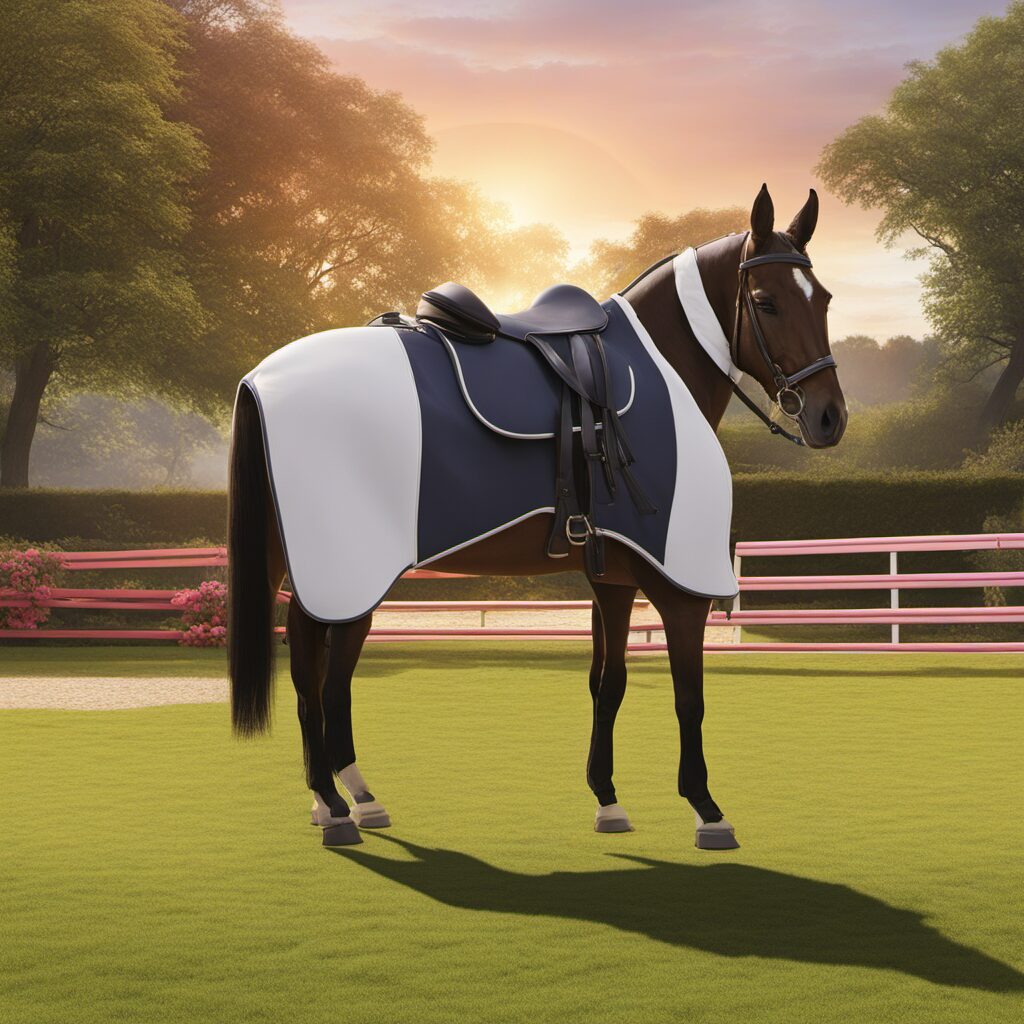 Geschenkidee für Reiter mit Satteldecke und Pad. Pferd im Stall, Sonnenuntergang im Hintergrund.