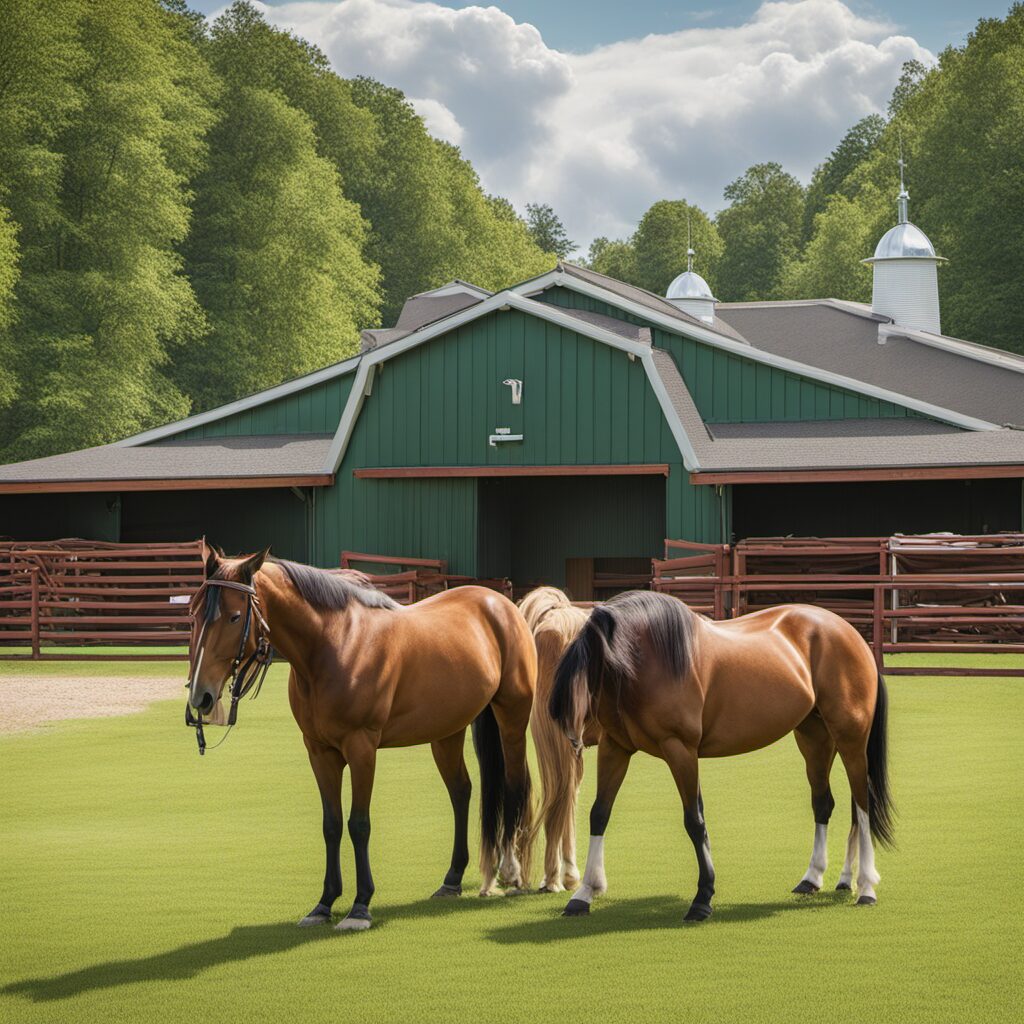 Farbenfrohes Bild eines Reiterstalls mit Sätteln und Pferdedecken, moderner Sattelschrank und Grünland oder sonnige Reitbahn im Hintergrund.