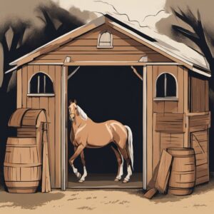 Ergreifende Darstellung eines Reitstalls mit einem großen Sattelschrank, der Reitgerte und Pferdedecken beherbergt, um die praktische und ideale Geschenkidee für jeden Pferdeliebhaber zu unterstreichen