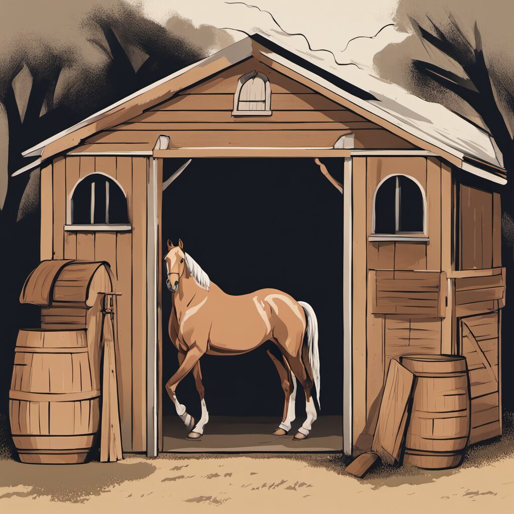 Ergreifende Darstellung eines Reitstalls mit einem großen Sattelschrank, der Reitgerte und Pferdedecken beherbergt, um die praktische und ideale Geschenkidee für jeden Pferdeliebhaber zu unterstreichen