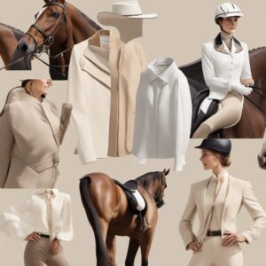 Reiterin in elegantem Outfit mit Turnierbluse vor Pferd oder Reitschau