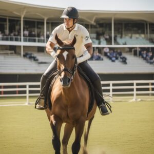 Pferdeliebhaber in einem Turnierhemd mit klassischem Polohemd-Stil, im Hintergrund eine Reitsport-Arena