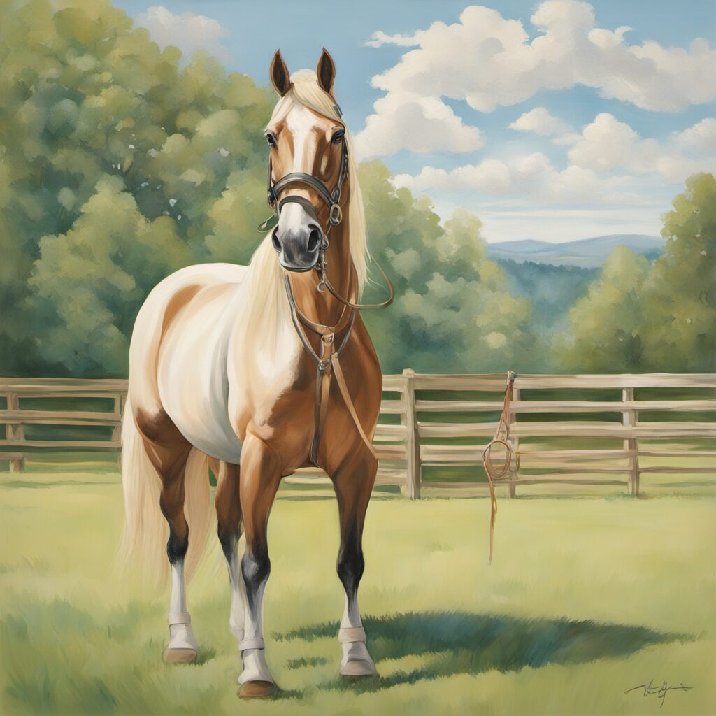 Pferdehalter präsentiert Vorderzeugschoner auf Pferd, ideal als Geschenkidee für Pferdemensch