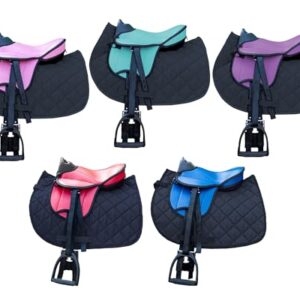 Brama West Kinder Shetty Sattel Set mit Sattel, Satteldecke, Sattelgurt und Steigbügel für Kinder - Türkis/Schwarz