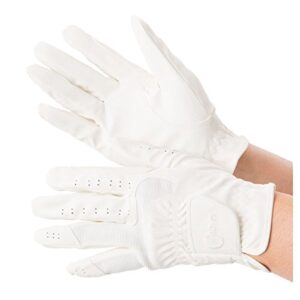 Weißer Reithandschuh mit Cuff und sechs Knöpfen auf der Handfläche, ideal für den Reitsport bei warmem Wetter