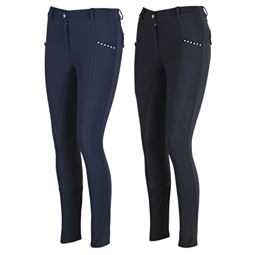 Dame in einer dunkelblauen Vollbesatzreithose mit zwei seitlichen Handytaschen und Silikon-Vollbesatz für optimalen Halt im Sattel.