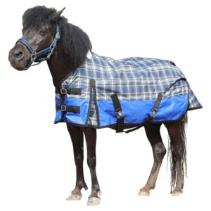 Gallopoff 600D Regendecke für Shetty und Fohlen, Wasserdicht, Winddicht, Atmungsaktiv, Reißfest, Ohne Füllung (0 g) Ponydecke Blau kariert 85 cm
