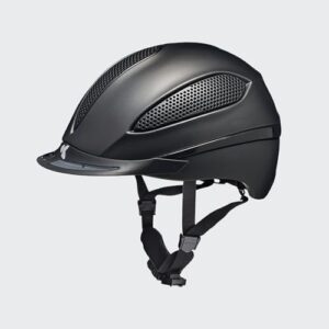 Ein hochwertiger Reithelm mit integriertem LED-Rücklicht und maxSHELL-Technologie, Made in Deutschland, schwarz mattschön.