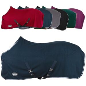 Pferdedecke mit atmungsaktivem Fleece, Kreuzgurten und Frontschnalle in Dunkelblau für Pferde zum Abtrocknen nach dem Training