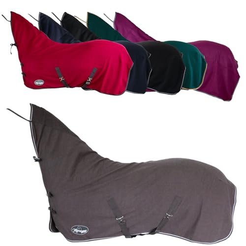 Pferdeabschwitzdecke aus atmungsaktivem Fleece, halstail und kreuzgurt, Metallverschluss, Schweifkordel, Outdoor-Decke für Pferde in Grau