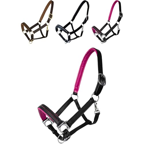 Halfter Diamond aus Leder für Pferde mit farbig unterlegtem Nasenriemen und Genickstück, edles Lederhalfter in Schwarz/Pink, Vollblut