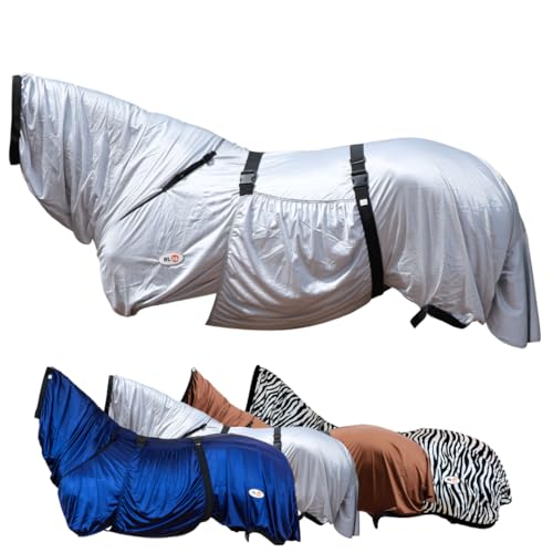 Ekzemerdecke mit Halsteil & Bauchlatz - Fliegendecke für Pferde zum Schutz vor Insekten - feinmaschiges Gewebe, doppelter Frontverschluss und Beinschnüre - Outdoor-Pferdedecke in Silbergrau