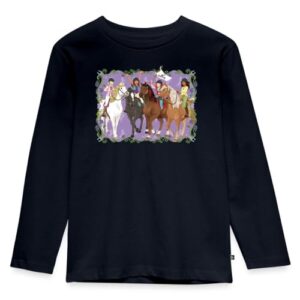 Nachhaltiges Kinderlangarmshirt in Navyblau mit lustigen Pferdebildern für Schule, Freizeit oder zuhause