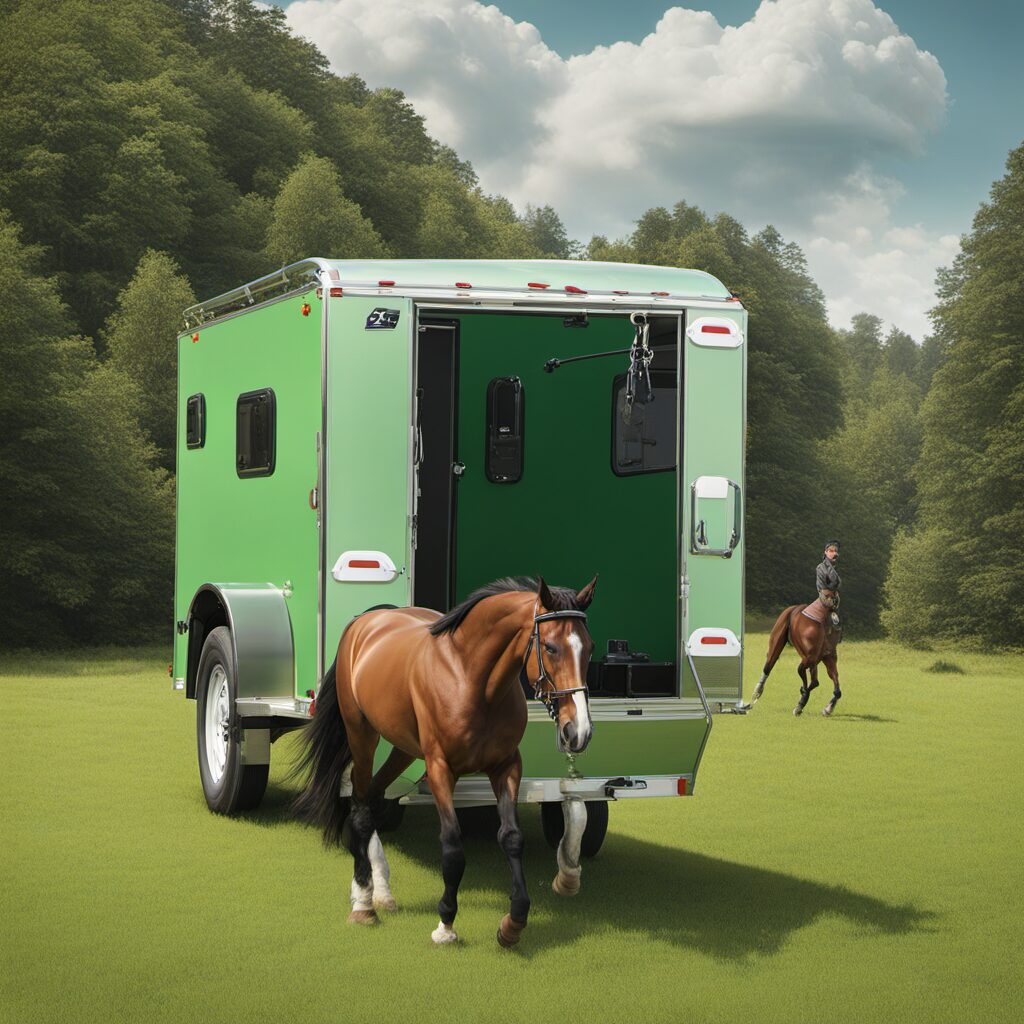 Geschenkidee für Reiter: Unser Anhänger mit Chaps, Aufziehtrensen und Handschuhen zum sicheren Transport des Pferdes durch die grüne Landschaft