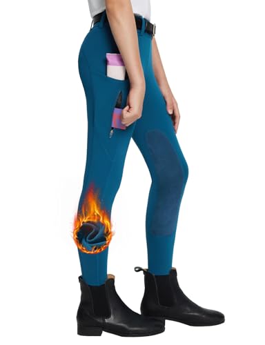 Baleaf Kinder Reithosen für Mädchen in Blau, Reitleggings, Vollbesatz-Reithose, Fleece-Pferde-Reithose, Leggings, Taschen Strumpfhose