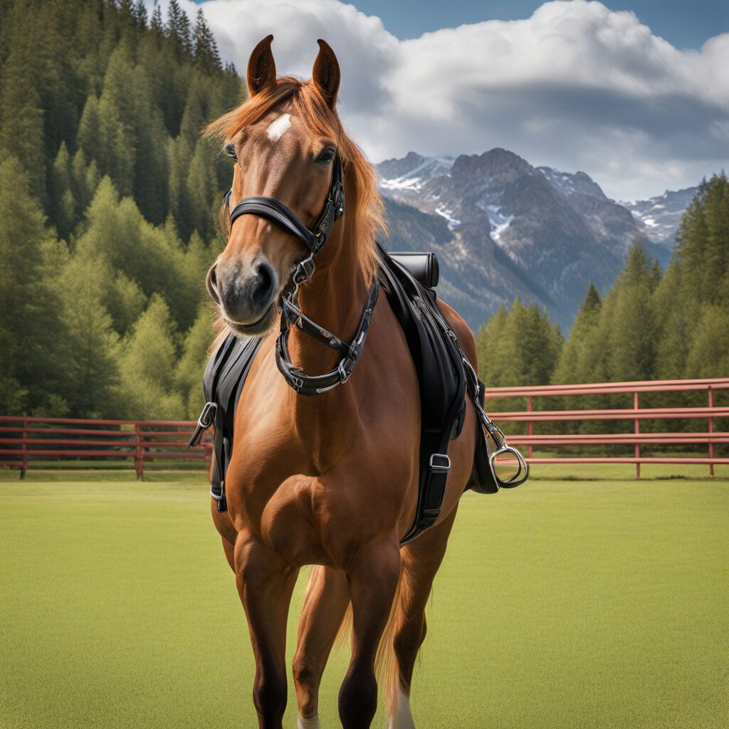 Pferd mit Aufziehtrense im Reitplatz, ideal für Anfänger und erfahrene Reiter