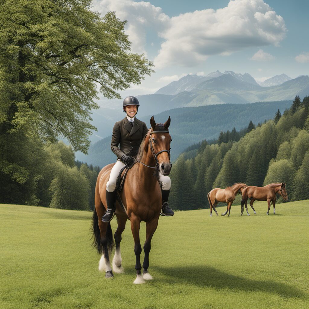 Ein Reiter und sein Pferd in einer idyllischen Landschaft mit Max Control Gebiss und Wassertrense