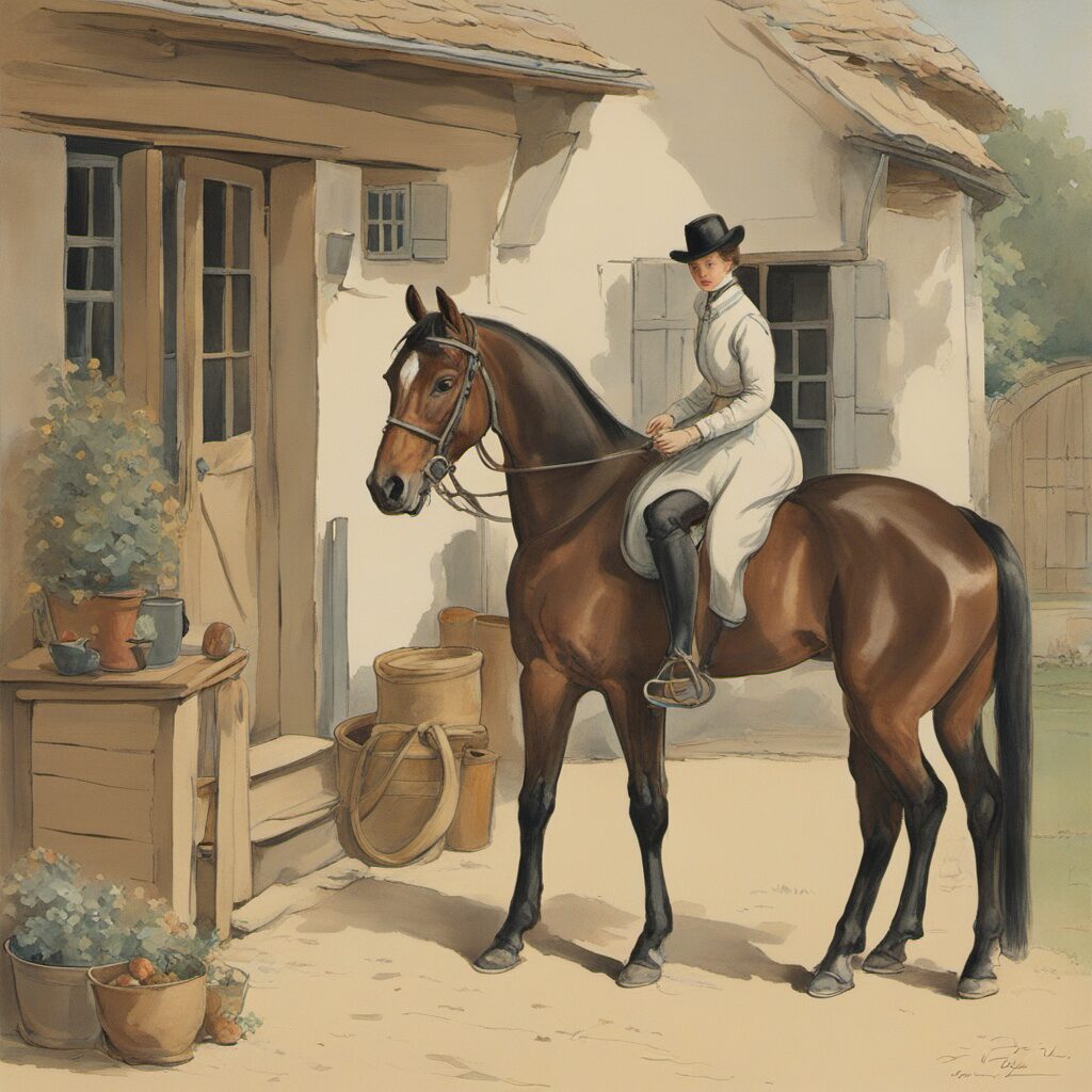 Stilvoll ausgestatteter Stall mit Reiter, Pferd und Sattel - perfektes Geschenk für jeden Anlass