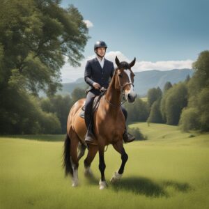 Ein Reiter mit seinem Pferd im Sattel sitzt auf einer grünen Wiese, während im Vordergrund verschiedene Sättel und Zaumzeuge zu sehen sind.