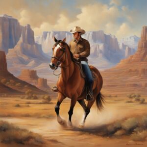 Ein Reiter auf einem Pferd mit Hackamore in einer landschaftlichen Umgebung