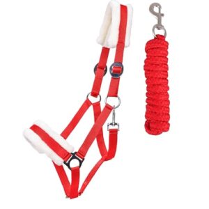 Halfter-Set für Pferde, Rot - Halter mit weichem Kunstfell und Führstrick