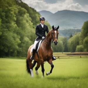 Reiter in Sattel mit farbiger Herrenreithose, Pikeur-Produkte im Hintergrund, perfekte Geschenkidee für jeden Pferdeliebhaber