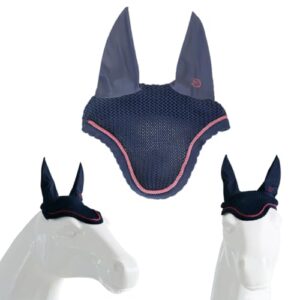 Hobby Horsing Print Fliegenhaube, Pferdeschutzhaube mit tiefblauen Grundton und rosa Verzierungen