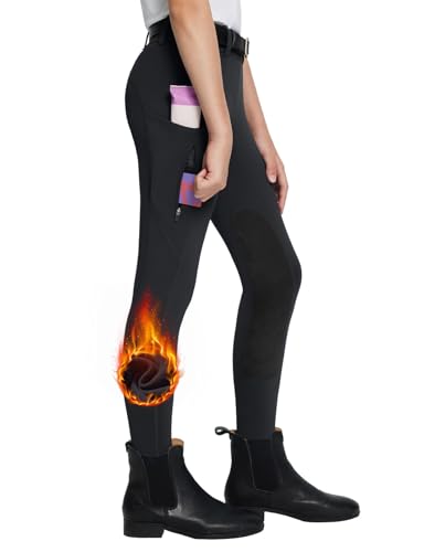 Kinder Reithose Mädchen Reitleggings Vollbesatz-Reithose Fleece-Pferde-Reithose Leggings Taschen Strumpfhose Schwarz L von baleaf - Kinder Reithosen für Mädchen mit besonderen Funktionen und stilvollem Design