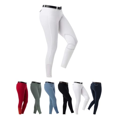 Reithose für Damen Alexandrie in Weiß - Reiterhose mit Kniebesatz aus Stoff und Eingrifftaschen vorn