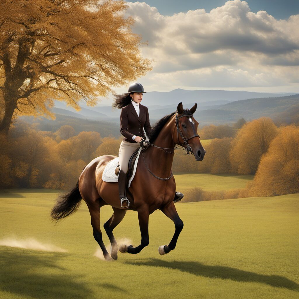 Ein Reiter und sein Pferd reiten durch eine idyllische Landschaft mit einem Stirnriemen, ideal als Geschenk für Pferdeliebhaber