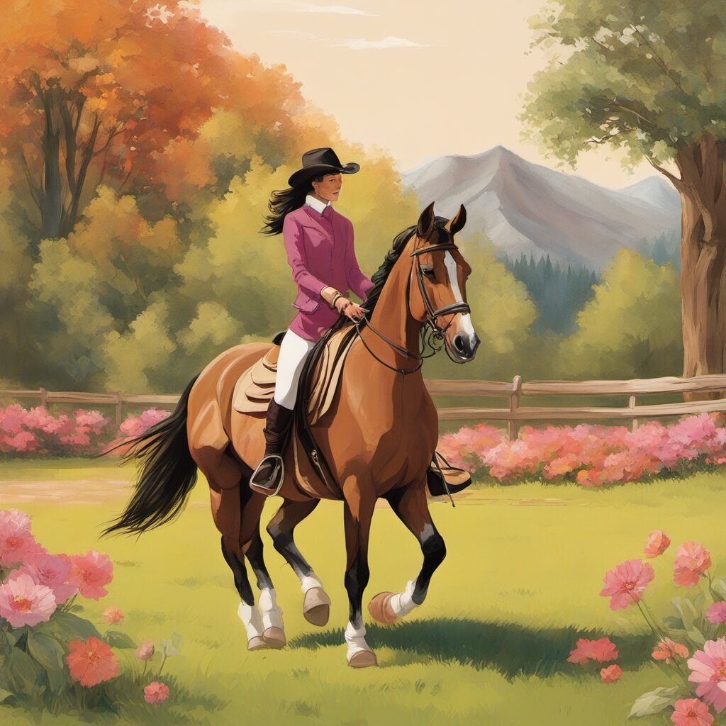 Reiter und Pferd durch eine Wiese reiten, im Hintergrund Sättel in verschiedenen Farben und Stilen