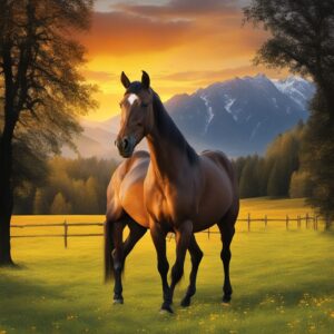 Ein Bild von einem Pferd in einer Reitschule, das mit Gamaschen oder Hufglocken geschützt ist. Ein leuchtender Sonnenuntergang im Hintergrund.