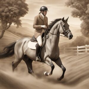 Eleganter Reiter auf einem Pferd durch eine Landschaft, Hintergrund: Trensen und Riemen, Titelbild zum Artikel über die besten Trabertrensen.