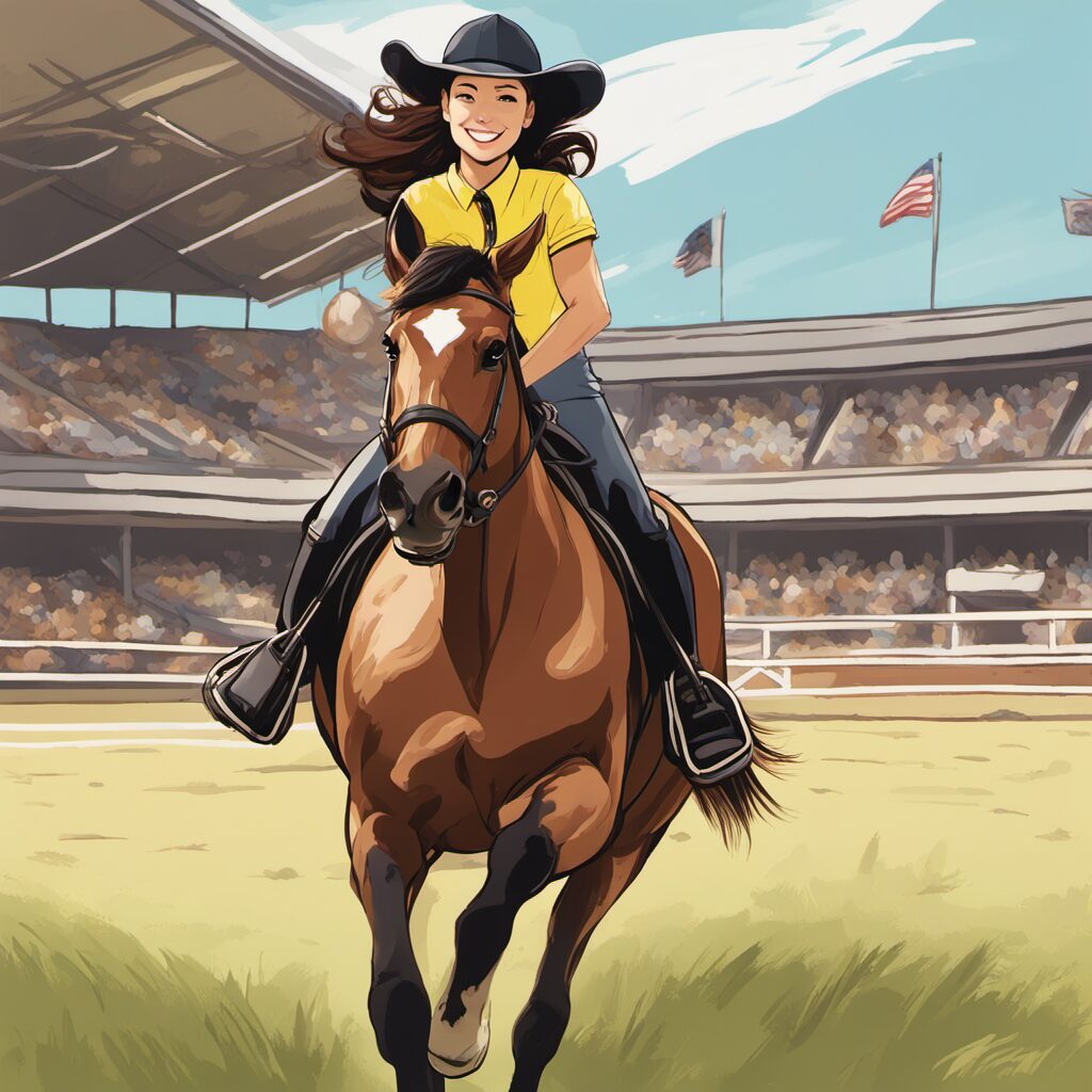 Young girl riding a horse on a field in front of a tournament arena, wearing a colorful and stylish tournament shirt with a confident smile.