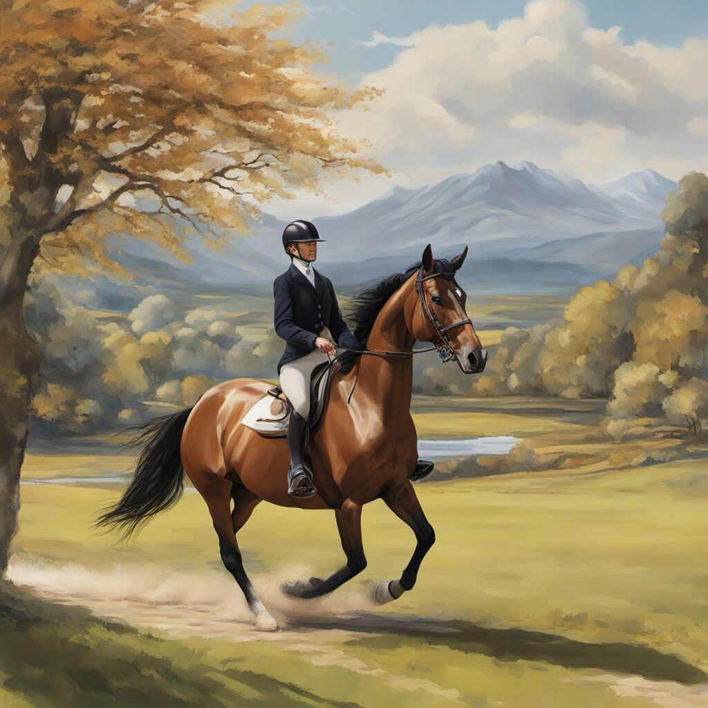 Bild eines Pferdes mit einem Reiter, der auf einem Vielseitigkeitssattel sitzt und durch eine idyllische Landschaft reitet.