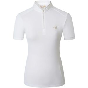 Damen Turniershirt von Covalliero, Competition FS26, Kurzarmshirt mit Stehkragen, tailliertes Reitshirt, atmungsaktiv und leicht, Sportshirt in Weiß, Größe XXL.