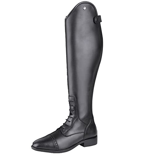 Elegante Reitstiefel aus glattem Leder mit wasserabweisender Beschichtung und reitgerechter Absatz, ideal für Pferdeausbildung