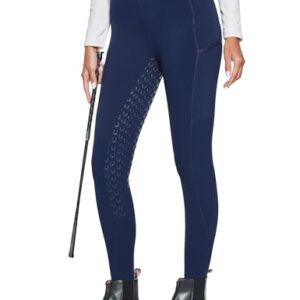 FitsT4 Sports Damen Winterreitleggings Fleece-Reithose Silikon Vollbesatz Reithose mit Reißverschluss-Taschen und Gürtelschlaufen, Militärblau