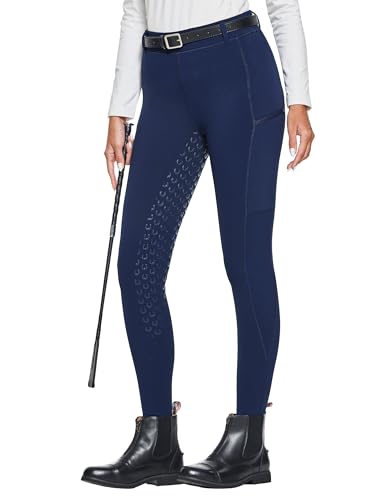 FitsT4 Sports Damen Winterreitleggings Fleece-Reithose Silikon Vollbesatz Reithose mit Reißverschluss-Taschen und Gürtelschlaufen, Militärblau