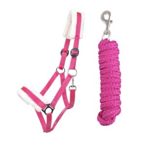 JA Horse Kunstfell Halfter Führstrick Set mit Karabinerhaken verstellbar - Pferdehalfter für Pferd und Holzpferd, fuchsia und cob Farbe