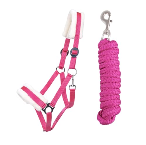 JA Horse Kunstfell Halfter Führstrick Set mit Karabinerhaken verstellbar - Pferdehalfter für Pferd und Holzpferd, fuchsia und cob Farbe