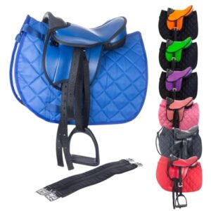 Sattel für Holzpferd, Kunstledersattel mit Sattelgurt, Schabracke, Steigbügel und Riemen, Anfänger-Sattel in blauer Farbe, Größe 12 Zoll