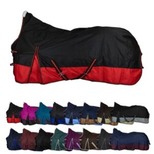 Pferdedecke in Schwarz und Rot, Regen und Wind schutz vor Kälte, 600D Ripstop Polyester, Kreuzbegurtung mit Metallverschlüssen, hoher Tragekomfort, wasserdicht und atmungsaktiv, Pferddecke