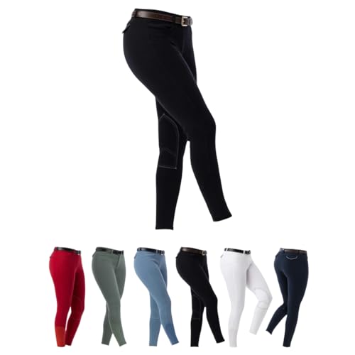 Bequeme Reithose für Mädchen und Jungen mit Kniebesatz aus Stoff, Eingrifftaschen vorn und Reitleggings in Schwarz - Kinderreitbekleidung in Größe 164