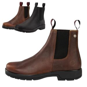 Brown leather Chelsea boots made by SUEDWIND, featuring a robust nubuk upper and comfortable slip-resistant sole. Made in Portugal for outdoor activities like hiking or horseback riding.