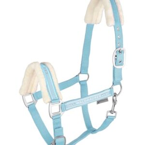 Elegantes Halfter für Pony in hellblau mit flauschigen Materialien und glitzernden Steinen