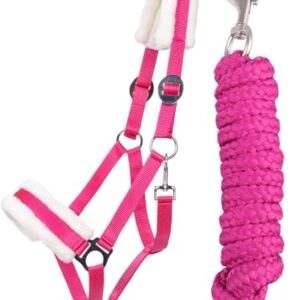 ARBO-INOX Halfter-Set für Pferde mit weichem Kunstfell und Führstrick, Größe Pony, fuchsia